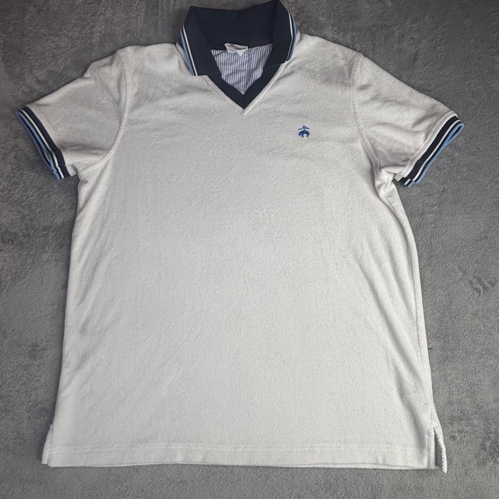 Brooks Brothers Polo Shirt Mens L White Terry Cloth V-Neck Blue Striped Logo